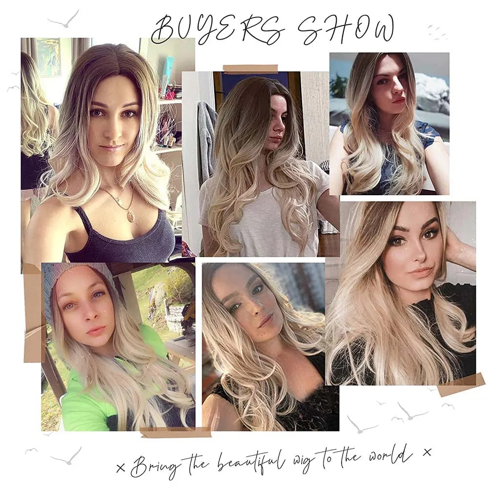 EASIHAIR Ombre Brown Light Blonde Platinum Long Wavy Middle Part Hair Wig Cosplay Natural Heat Resistant Synthetic Wig for Women