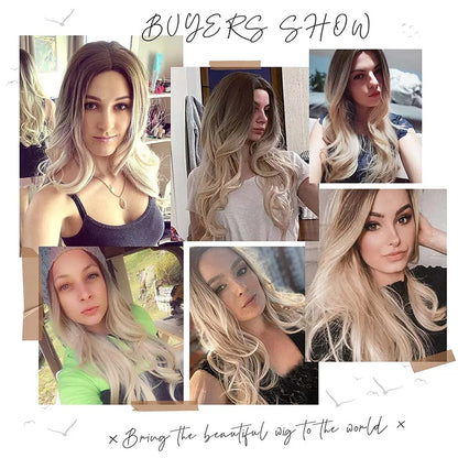 EASIHAIR Ombre Brown Light Blonde Platinum Long Wavy Middle Part Hair Wig Cosplay Natural Heat Resistant Synthetic Wig for Women