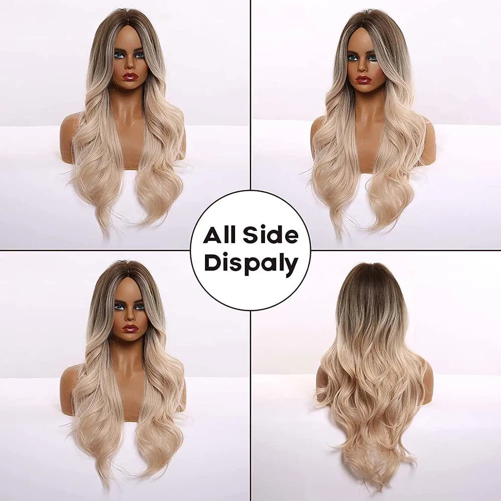 EASIHAIR Ombre Brown Light Blonde Platinum Long Wavy Middle Part Hair Wig Cosplay Natural Heat Resistant Synthetic Wig for Women