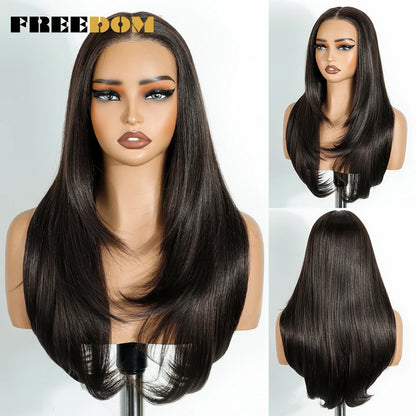 Synthetic Lace Front Wigs For Black Woman Layered Straight Wear and Go Glueless Wigs Ombre Brown T Part & 6x4 Pre Plucked Wig