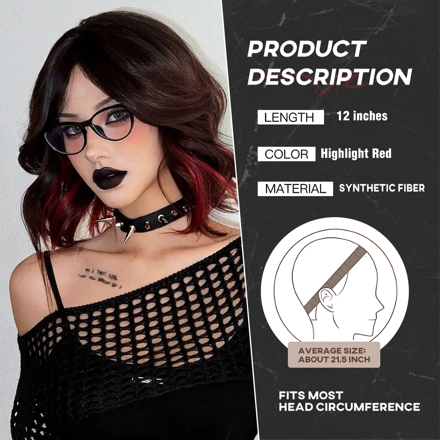 Short Natural Wavy Synthetic Wig 12inch Black Highlight Red Hair Wigs For Women Daily T-part Bob Wig Christmas Party Cosplay Wig