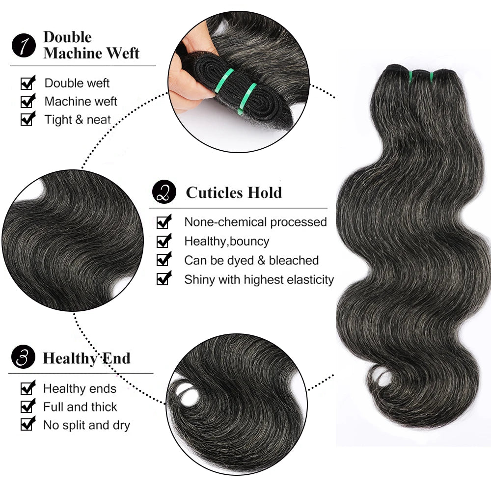 Salt and Pepper Human Hair Bundles Body Wave Natural Gray-White Human Hair Bundles 100g/Pc P1B/Grey Highlight Human Hair Bundles
