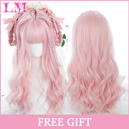 LM Synthetic Long Straight Lolita Wig with Bangs Wig Girl Cute Ombre Pink Blonde Black Cosplay Party Halloween Harajuku Wig