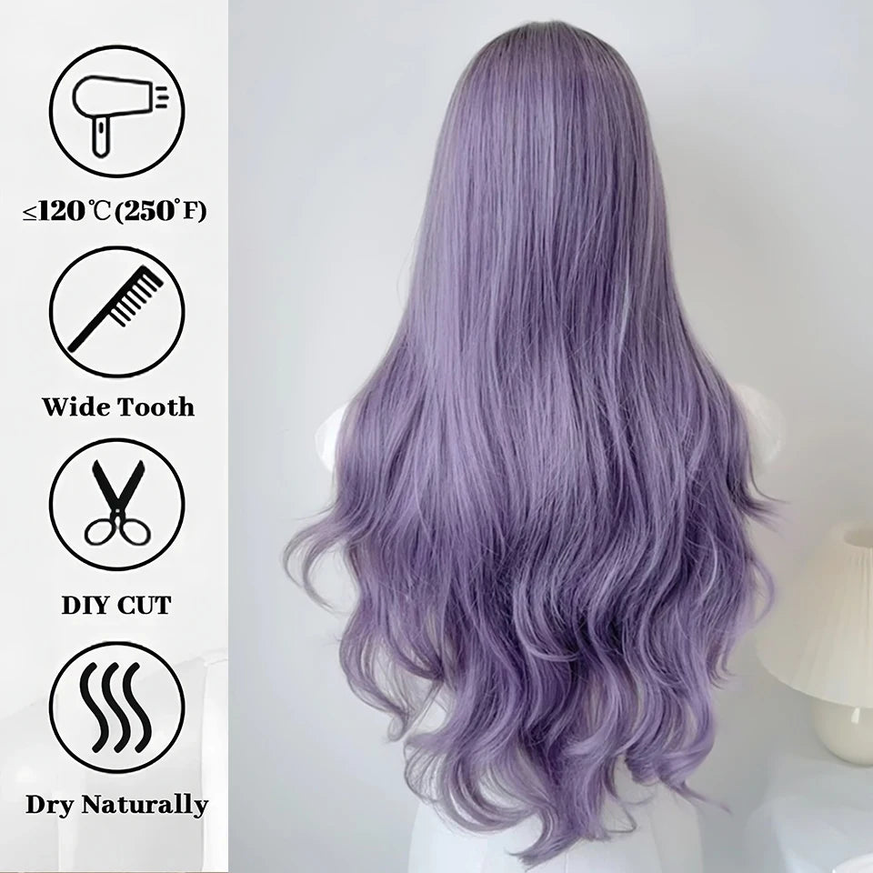Long Wavy Wave Ombre Black Brown Purple Cosplay Wigs Heat Resistant Synthetic Wigs Middle Part Natural Lolita Wigs For Women
