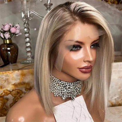 100% Human Hair Wigs HD Transparent Lace Wig Straight Short Bob Wig Ash Blonde Color 13x4 Lace Frontal Wig 180 Density HD Wigs