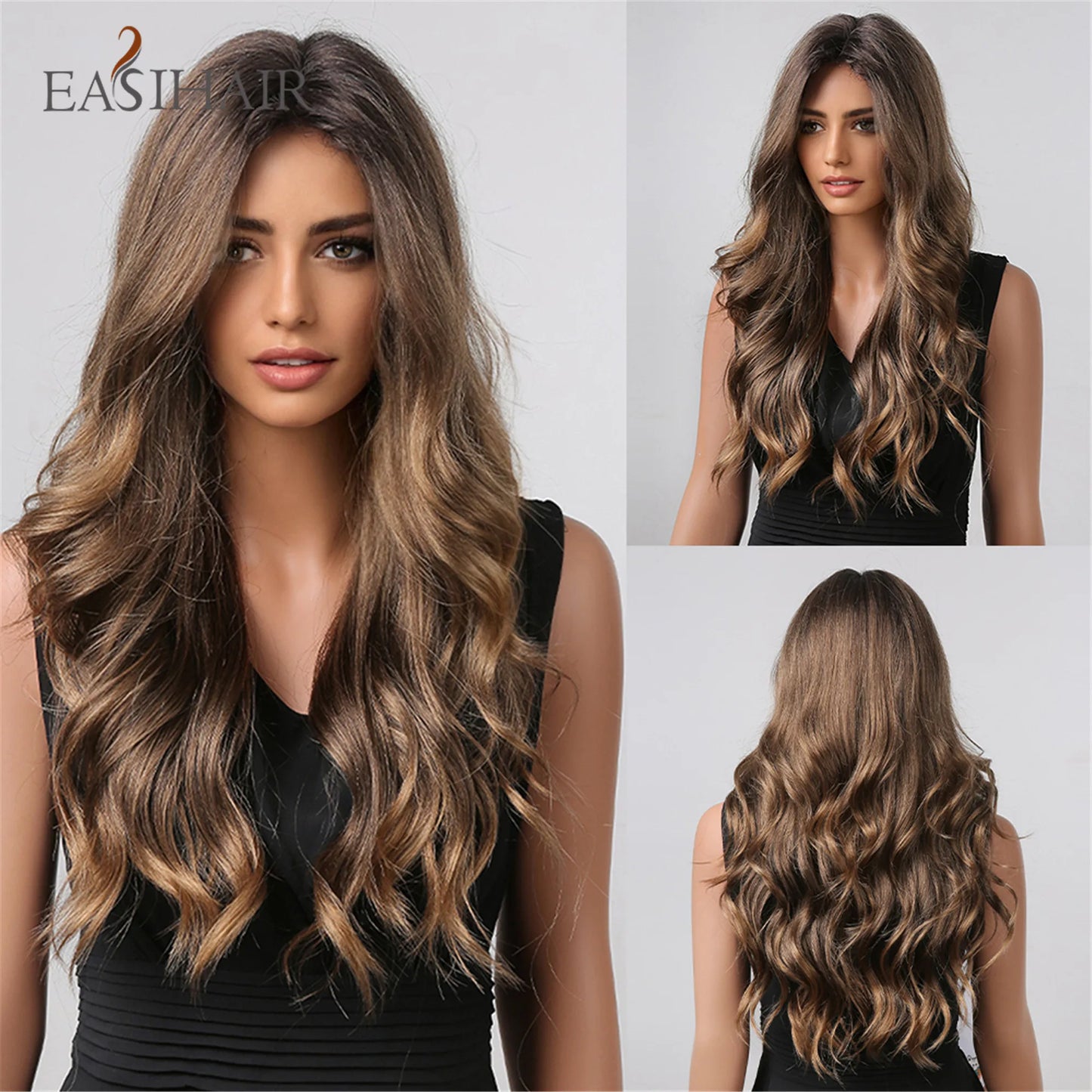 EASIHAIR Ombre Brown Light Blonde Platinum Long Wavy Middle Part Hair Wig Cosplay Natural Heat Resistant Synthetic Wig for Women