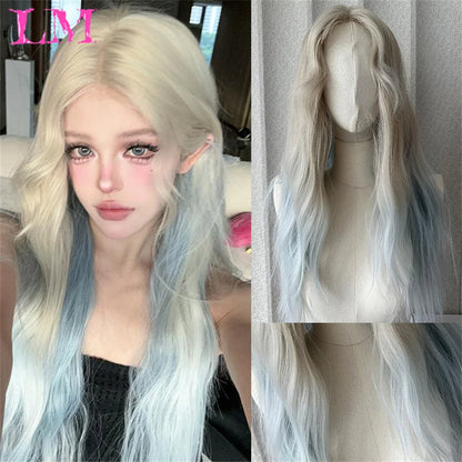 LM Synthetic Long Straight Lolita Wig with Bangs Wig Girl Cute Ombre Pink Blonde Black Cosplay Party Halloween Harajuku Wig