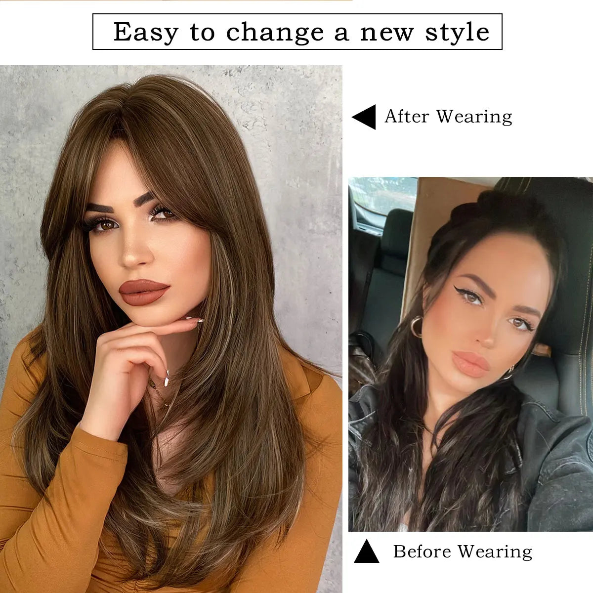 7JHH WIGS Honey Blonde Wig with Bangs Long Brown Wigs for Women,Layered Heat Resistant Synthetic Wigs for Daily Use