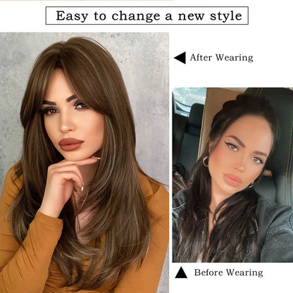 7JHH WIGS Honey Blonde Wig with Bangs Long Brown Wigs for Women,Layered Heat Resistant Synthetic Wigs for Daily Use