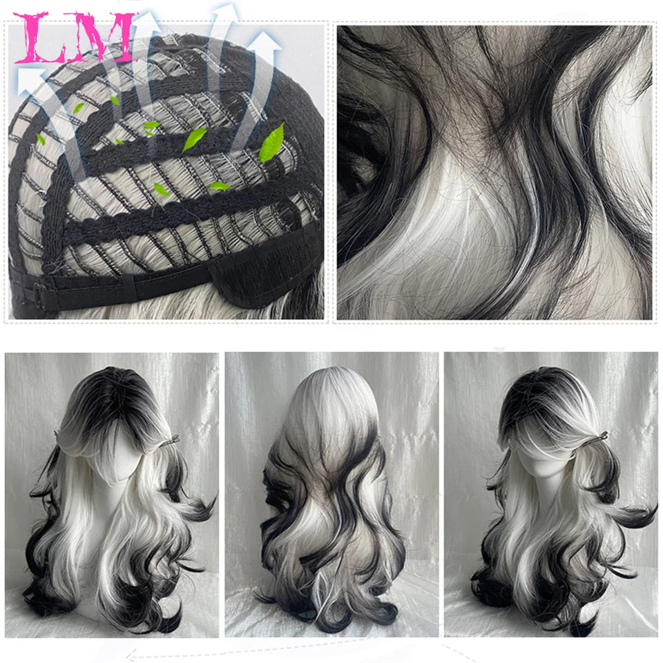 LM Synthetic Long Straight Lolita Wig with Bangs Wig Girl Cute Ombre Pink Blonde Black Cosplay Party Halloween Harajuku Wig