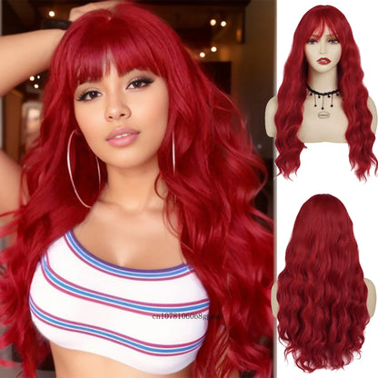 Red Hair Synthetic Long Curly Wig with Bangs Water Wave Wigs for Women Ladies Cosplay Halloween Costume Lolita Party Dress Up