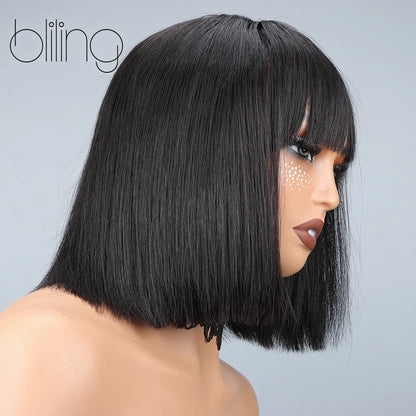 200% Human Hair Wig With Bang Natural Glueless Straight Layered Bob Hairstyle 1X13 Transparent Lace Black for Women 10 Inch