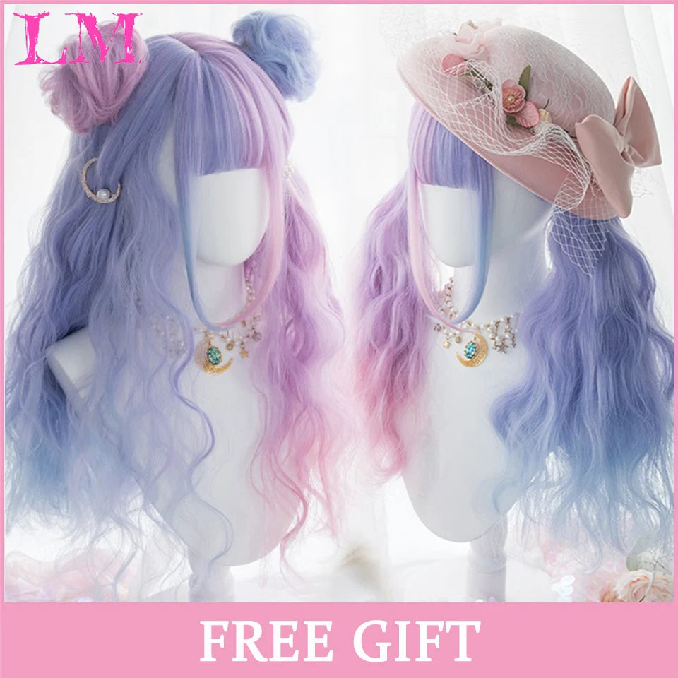 LM Synthetic Long Straight Lolita Wig with Bangs Wig Girl Cute Ombre Pink Blonde Black Cosplay Party Halloween Harajuku Wig