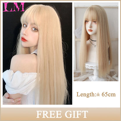 LM Synthetic Long Straight Lolita Wig with Bangs Wig Girl Cute Ombre Pink Blonde Black Cosplay Party Halloween Harajuku Wig