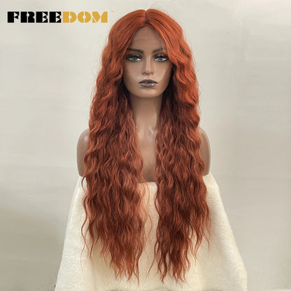 FREEDOM Synthetic Lace Front Wig Long Deep Wavy Ombre Blonde Ginger Lace Wigs For Black Women Heat Resistant Cosplay Wigs