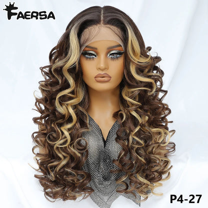 Latisha 13X6 HD Synthetic Lace Front Wigs Curly Pre Plucked Lace Frontal Wig with Bangs for Women Highlight with Babyhair 24Inch