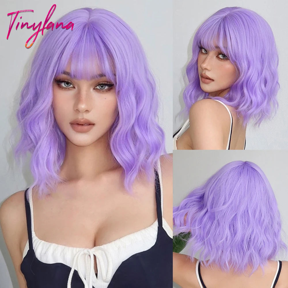 Short Bob Gray Purple Synthetic Wigs with Bangs Curly Cosplay Purple Ombre Wig for Women Afro Natural Wave Hair Heat Resistant