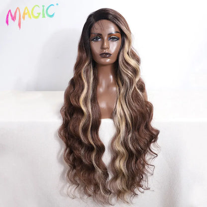 Magic Synthetic Lace Front Wig Long Wavy 36 Inch Cosplay Body Wavy Side Part Lace Wig For Women Lace Front Wig Ombre Blonde  Wig