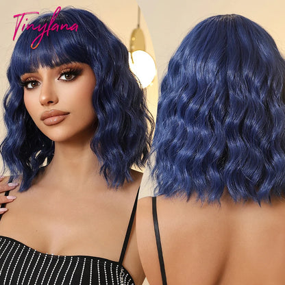 Short Bob Gray Purple Synthetic Wigs with Bangs Curly Cosplay Purple Ombre Wig for Women Afro Natural Wave Hair Heat Resistant