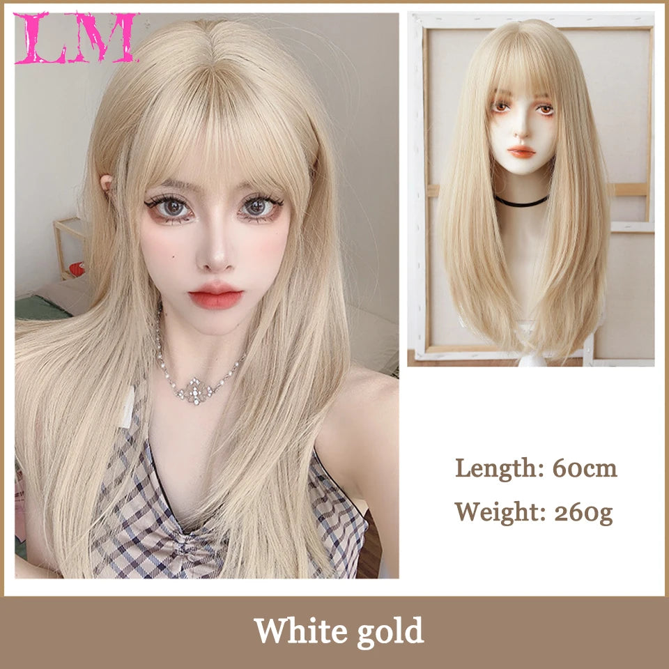 LM Synthetic Long Straight Lolita Wig with Bangs Wig Girl Cute Ombre Pink Blonde Black Cosplay Party Halloween Harajuku Wig