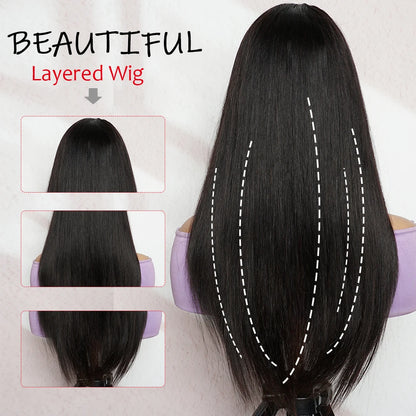 Layered Cut Human Wig 14-30Inch Glueless Straight Drawstring Human Hair Wig With Bangs 4x4Lace Wig Human Hair Multi Parting Wigs