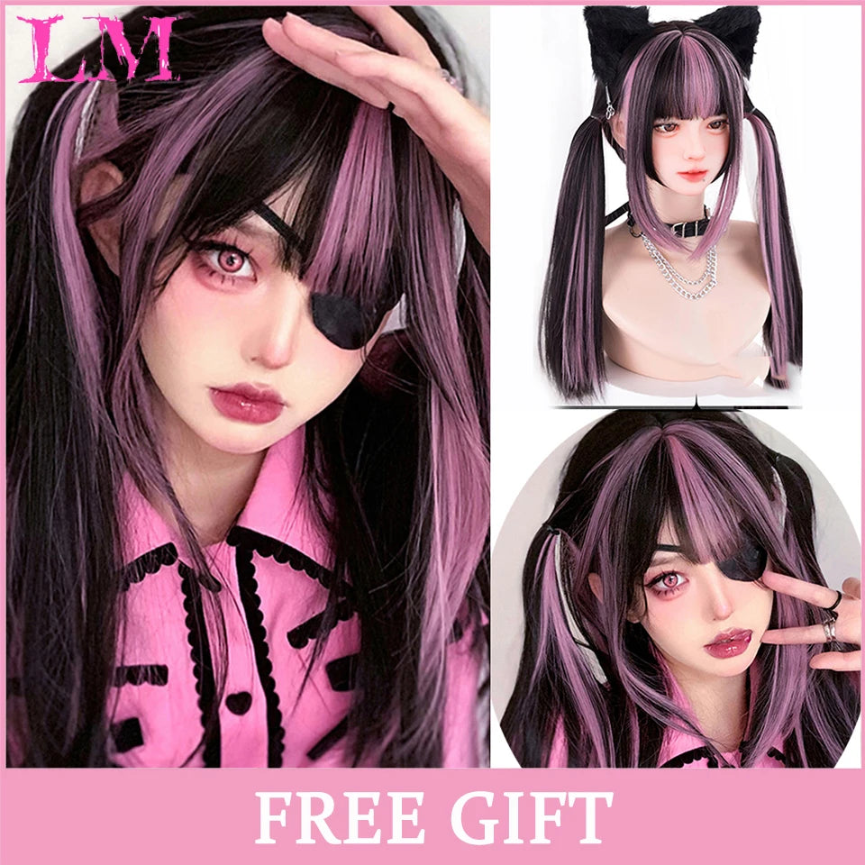 LM Synthetic Long Straight Lolita Wig with Bangs Wig Girl Cute Ombre Pink Blonde Black Cosplay Party Halloween Harajuku Wig