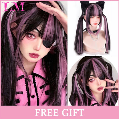 LM Synthetic Long Straight Lolita Wig with Bangs Wig Girl Cute Ombre Pink Blonde Black Cosplay Party Halloween Harajuku Wig