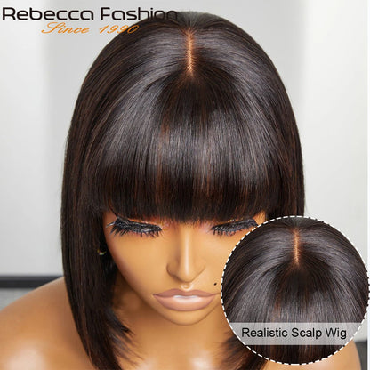 Straight Human Hair Wigs With Bangs Fringe Middle Part Bob Lace Wigs Realistic Scalp Brazilian Straight Bob Lace Wigs With Bangs