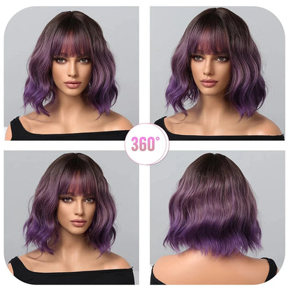 Short Bob Gray Purple Synthetic Wigs with Bangs Curly Cosplay Purple Ombre Wig for Women Afro Natural Wave Hair Heat Resistant