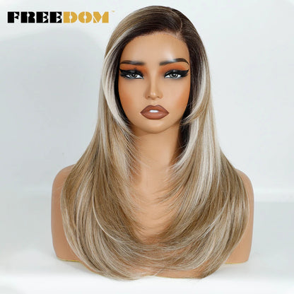 FREEDOM Synthetic Lace Wigs For Women Straight Layered Lace Wig 18 Inch Side Part Pre Plucked Ombre Brown Blonde Cosplay Wigs
