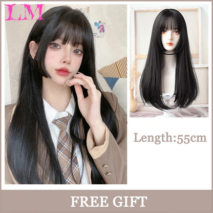 LM Synthetic Long Straight Lolita Wig with Bangs Wig Girl Cute Ombre Pink Blonde Black Cosplay Party Halloween Harajuku Wig