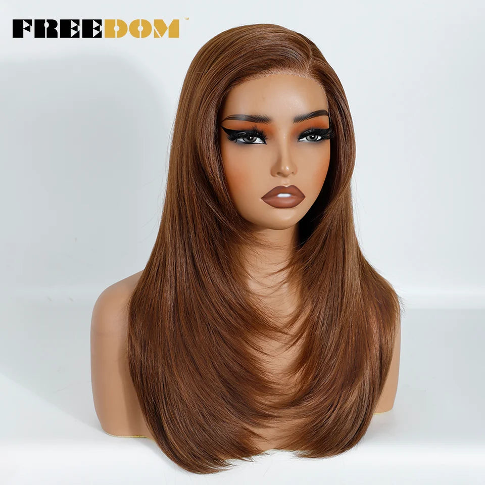 FREEDOM Synthetic Lace Wigs For Women Straight Layered Lace Wig 18 Inch Side Part Pre Plucked Ombre Brown Blonde Cosplay Wigs