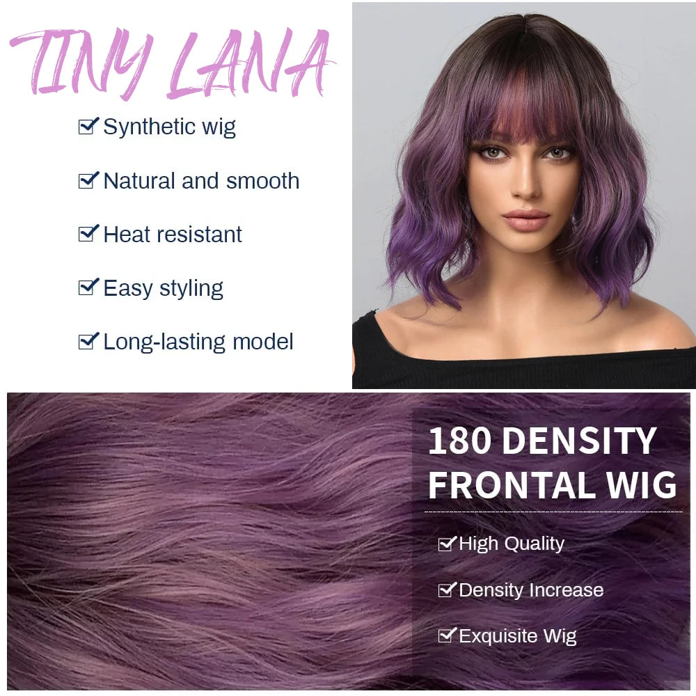 Short Bob Gray Purple Synthetic Wigs with Bangs Curly Cosplay Purple Ombre Wig for Women Afro Natural Wave Hair Heat Resistant