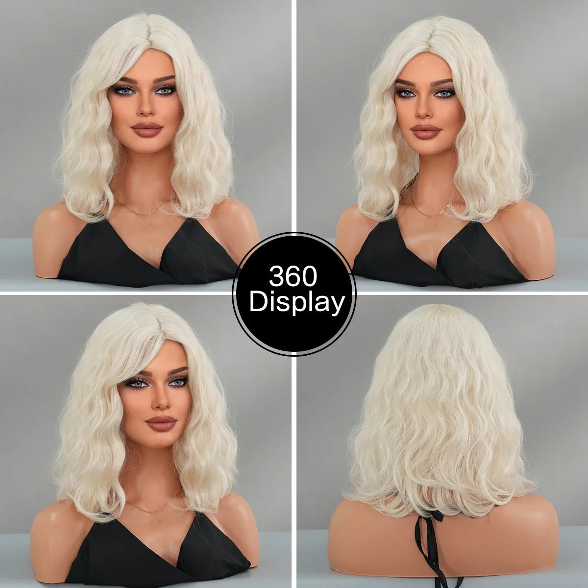 NAMM High Density Synthetic Middle Part Blonde White Wig For Women Daily Short Wavy Bob Wigs With Curtain Bangs Glueless Wig