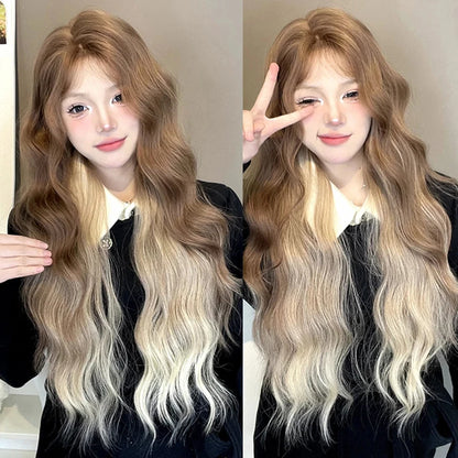 Long Wavy Wave Ombre Black Brown Purple Cosplay Wigs Heat Resistant Synthetic Wigs Middle Part Natural Lolita Wigs For Women