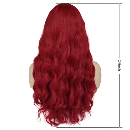 Red Hair Synthetic Long Curly Wig with Bangs Water Wave Wigs for Women Ladies Cosplay Halloween Costume Lolita Party Dress Up