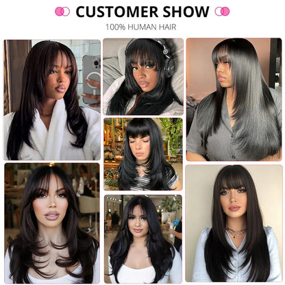 Layered Cut Human Wig 14-30Inch Glueless Straight Drawstring Human Hair Wig With Bangs 4x4Lace Wig Human Hair Multi Parting Wigs