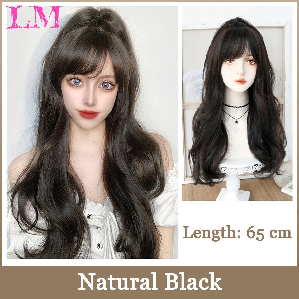 LM Synthetic Long Straight Lolita Wig with Bangs Wig Girl Cute Ombre Pink Blonde Black Cosplay Party Halloween Harajuku Wig