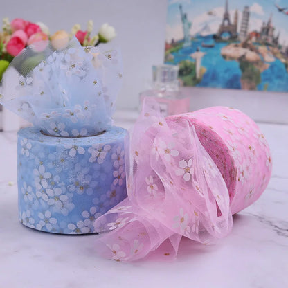 6cm 5Yards Floret Tulle Daisy Ribbon Roll DIY Handmade Craft Hair Ornament Baking Cherry Blossoms Printed Mesh Fabric Supplies