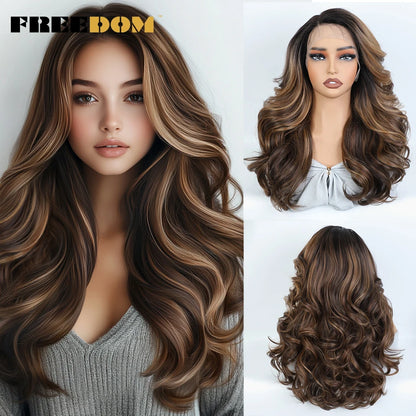 FREEDOM Synthetic Lace Front Wigs For Black Women Body Wave Lace Wig 22 inches Ombre Chocolate Brown Blonde Wigs Cosplay Wig