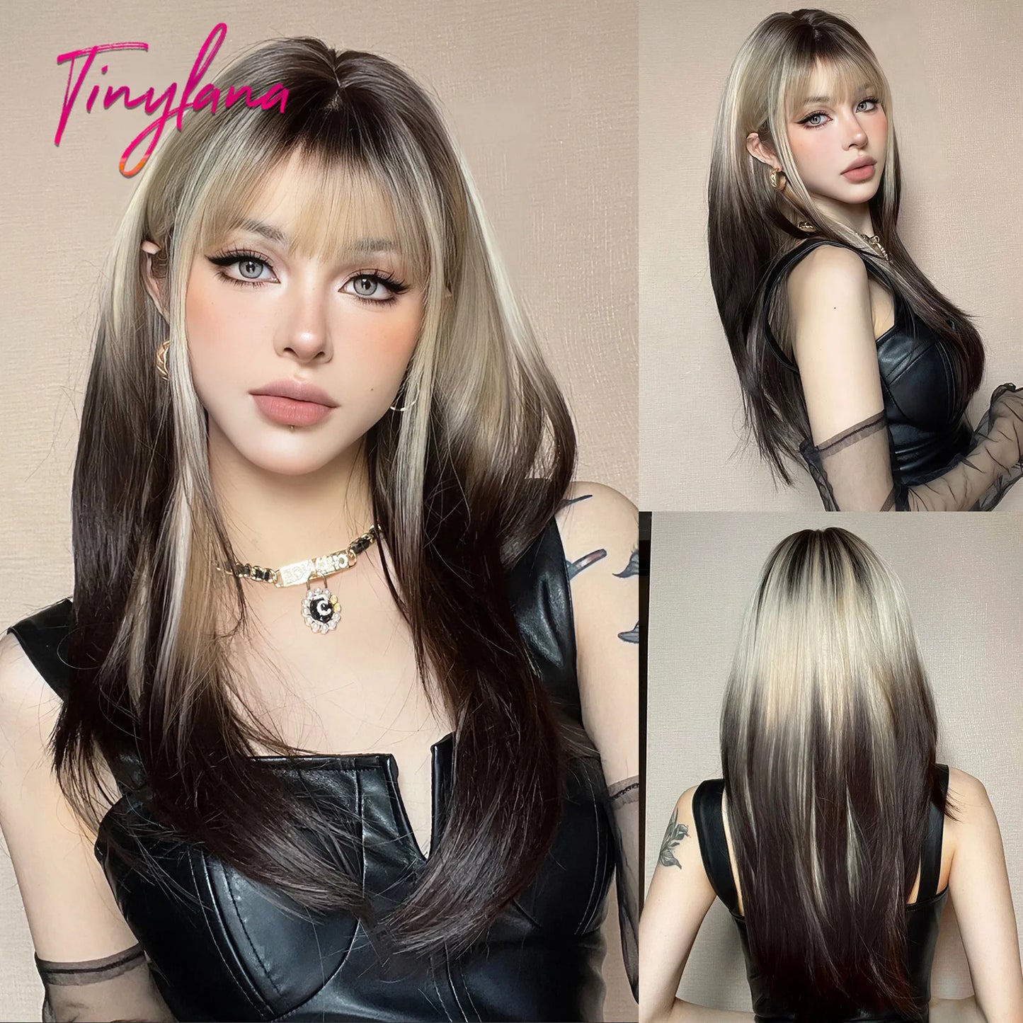 Long Straight Ombre Brown Synthetic Wigs with Bangs Brown Layered Wig Cosplay for Women Afro Daily Natural Hair Heat Resistant