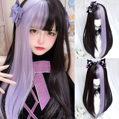 Long Wavy Wave Ombre Black Brown Purple Cosplay Wigs Heat Resistant Synthetic Wigs Middle Part Natural Lolita Wigs For Women