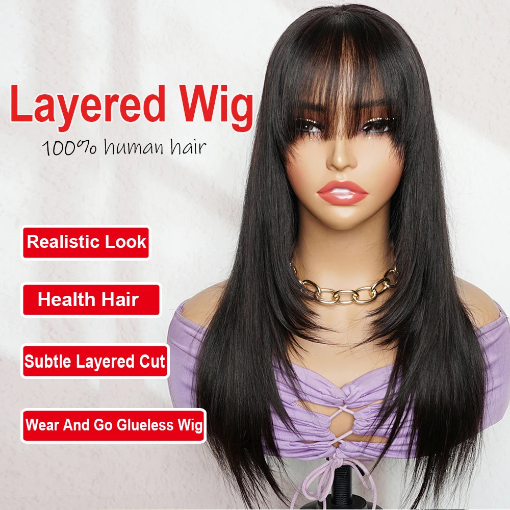 Layered Cut Human Wig 14-30Inch Glueless Straight Drawstring Human Hair Wig With Bangs 4x4Lace Wig Human Hair Multi Parting Wigs