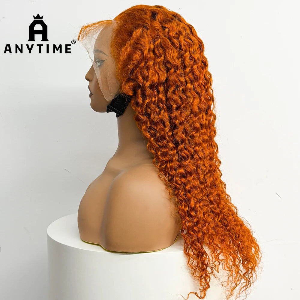 22 inches Water Wave Wavy Curly Human Hair 200% Density 13x4 Transparent Lace Front Human Hair Wig Ginger 350 Orange Color