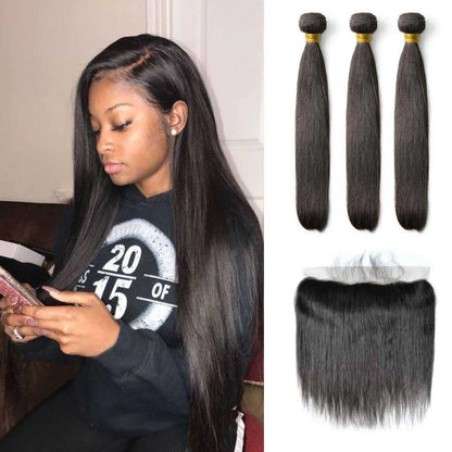 Straight Human Hair 3 Bundles with 13x4 Lace Frontal 100% Brazilian Virgin Human Hair Straight Bundles Frontal Natural Color #1B