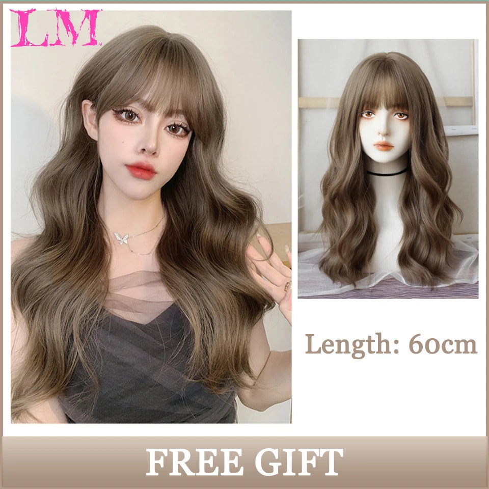 LM Synthetic Long Straight Lolita Wig with Bangs Wig Girl Cute Ombre Pink Blonde Black Cosplay Party Halloween Harajuku Wig