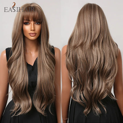 EASIHAIR Ombre Brown Light Blonde Platinum Long Wavy Middle Part Hair Wig Cosplay Natural Heat Resistant Synthetic Wig for Women