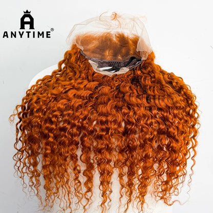 22 inches Water Wave Wavy Curly Human Hair 200% Density 13x4 Transparent Lace Front Human Hair Wig Ginger 350 Orange Color