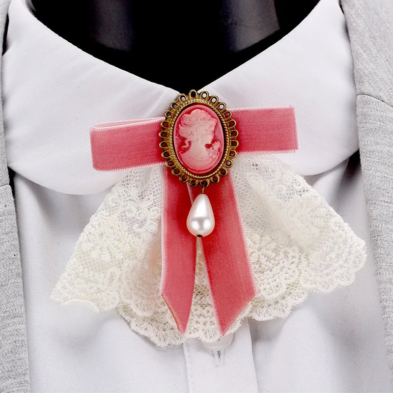 Women New Retro Handmade Lace Imitation Pearl Velvet Sweater Pin Coat Bow Brooch H1294