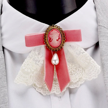 Women New Retro Handmade Lace Imitation Pearl Velvet Sweater Pin Coat Bow Brooch H1294